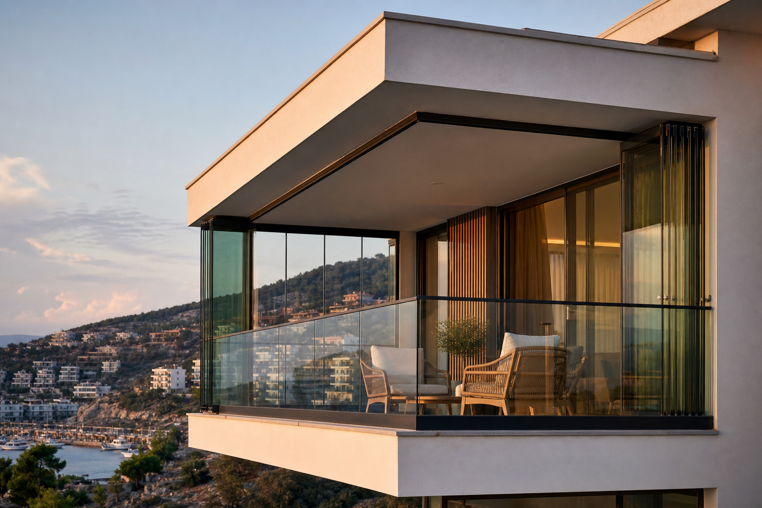 Köşede 90° L form cam balkon